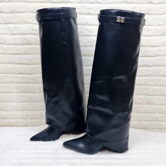 Paris Black Skirted Fold Over 3.5" Block Heel Knee High Boots - Picture 9 of 11